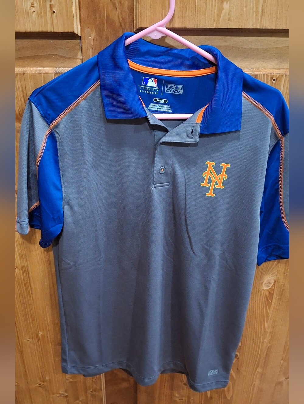 MLB New York Mets Grey and Royal Blue Polo with Orange Logo Mens Medium
